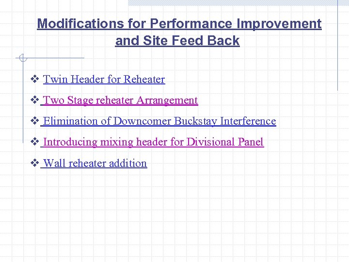 Modifications for Performance Improvement and Site Feed Back v Twin Header for Reheater v