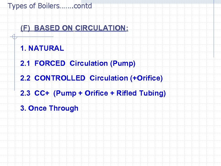Types of Boilers……. contd (F) BASED ON CIRCULATION: BASED ON CIRCULATION 1. NATURAL 2.
