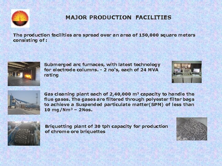 MAJOR PRODUCTION FACILITIES The production facilities are spread over an area of 150, 000