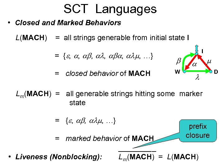 SCT Languages • Closed and Marked Behaviors L(MACH) = all strings generable from initial