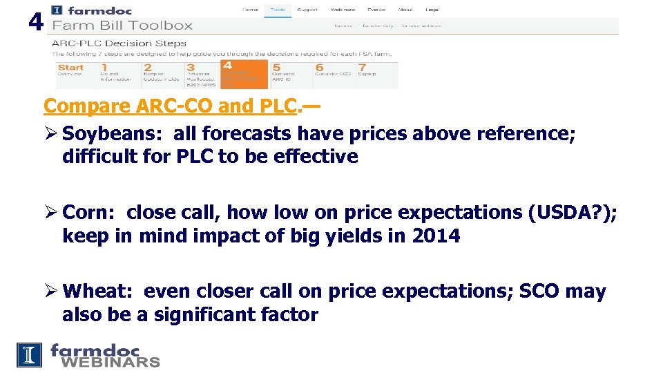 4 Compare ARC-CO and PLC. — Ø Soybeans: all forecasts have prices above reference;