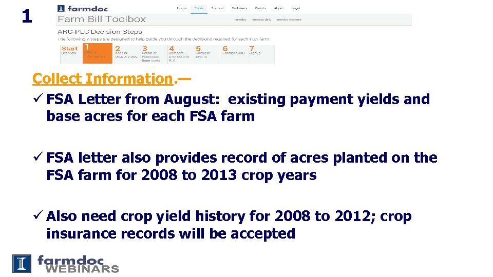 1 Collect Information. — ü FSA Letter from August: existing payment yields and base