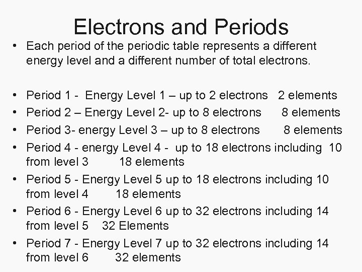 Electrons and Periods • Each period of the periodic table represents a different energy