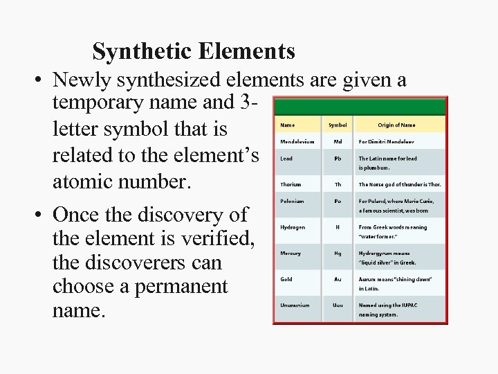 Synthetic Elements • Newly synthesized elements are given a temporary name and 3 letter