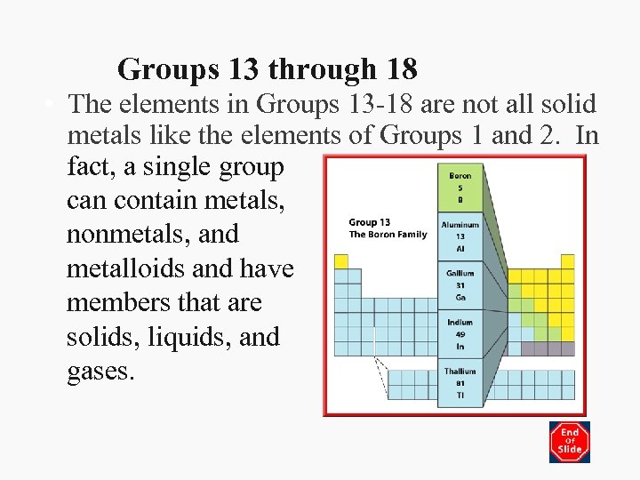 Groups 13 through 18 • The elements in Groups 13 -18 are not all