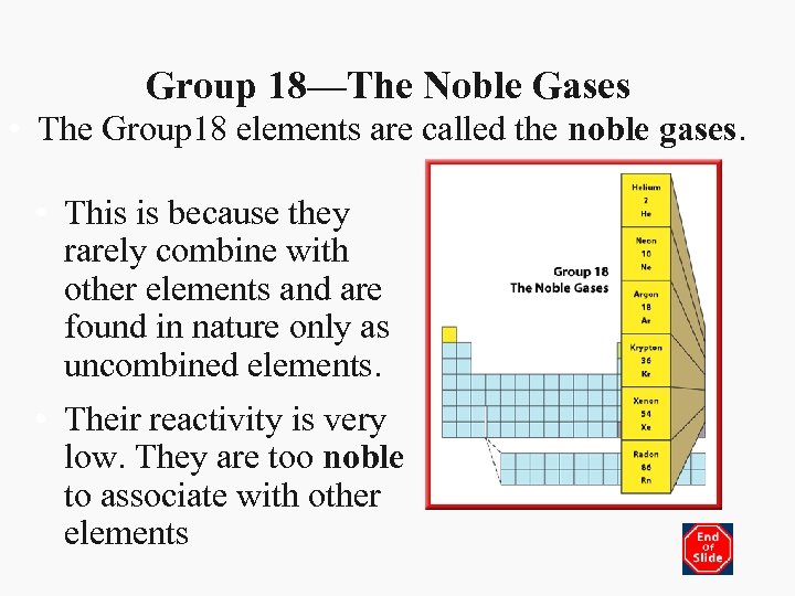 Group 18—The Noble Gases • The Group 18 elements are called the noble gases.