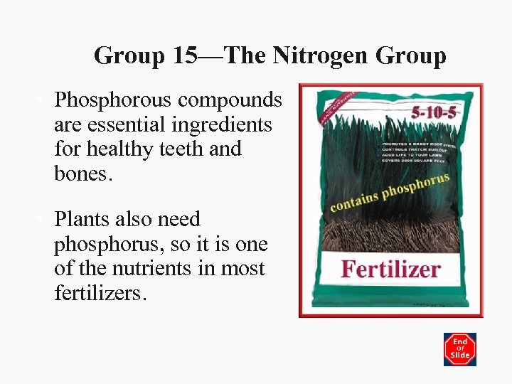 Group 15—The Nitrogen Group • Phosphorous compounds are essential ingredients for healthy teeth and