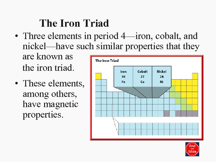 The Iron Triad • Three elements in period 4—iron, cobalt, and nickel—have such similar