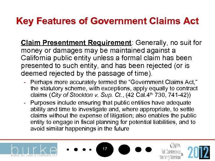 Key Features of Government Claims Act Claim Presentment Requirement: Generally, no suit for money