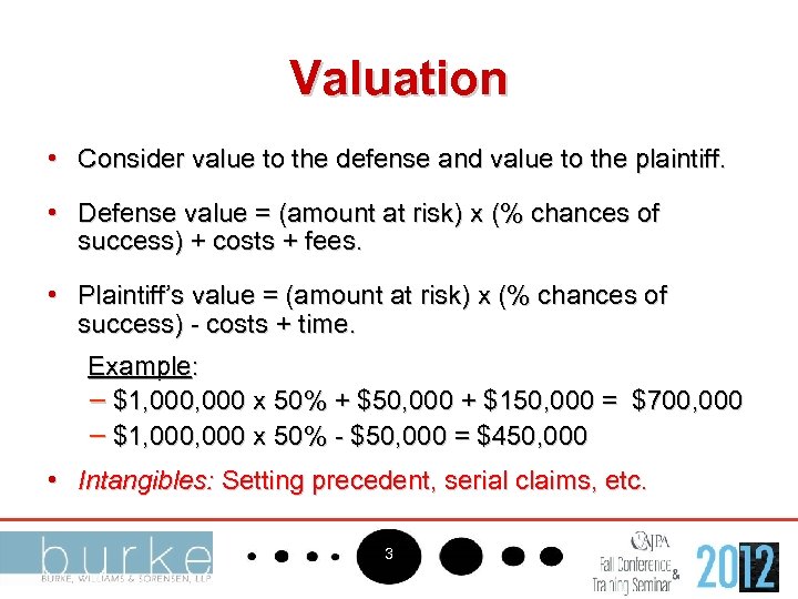 Valuation • Consider value to the defense and value to the plaintiff. • Defense