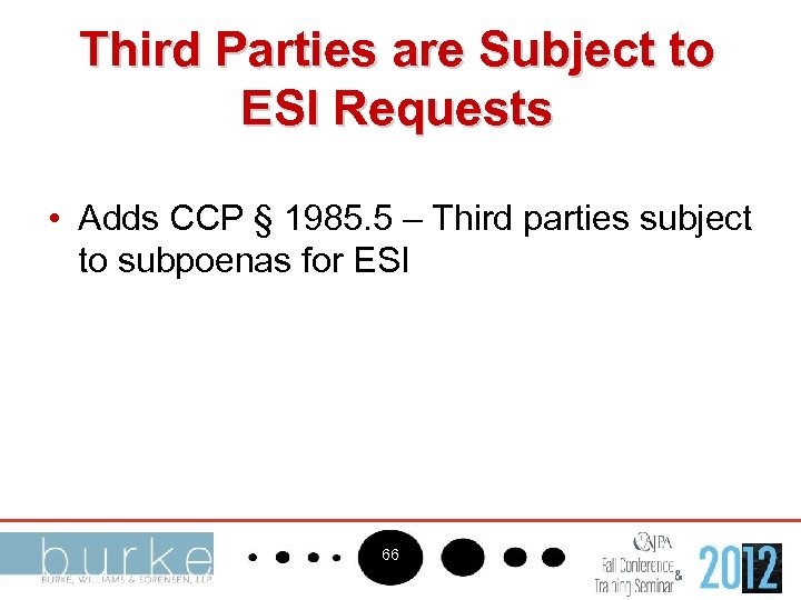 Third Parties are Subject to ESI Requests • Adds CCP § 1985. 5 –
