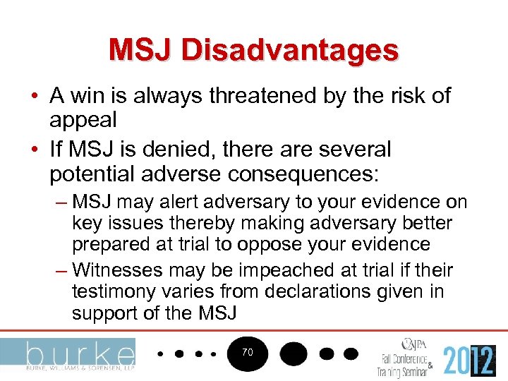 MSJ Disadvantages • A win is always threatened by the risk of appeal •