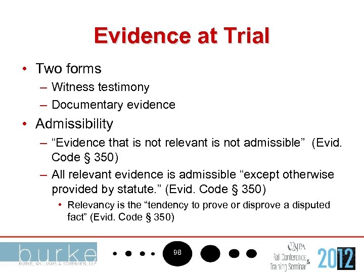 Evidence at Trial • Two forms – Witness testimony – Documentary evidence • Admissibility