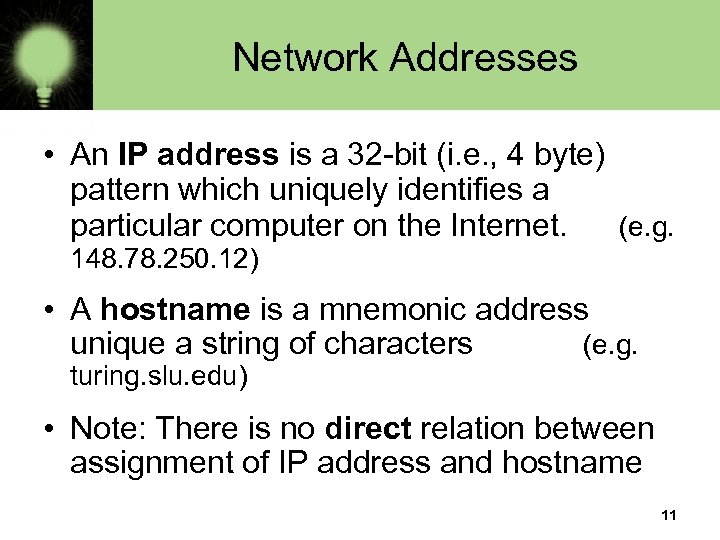 Network Addresses • An IP address is a 32 -bit (i. e. , 4