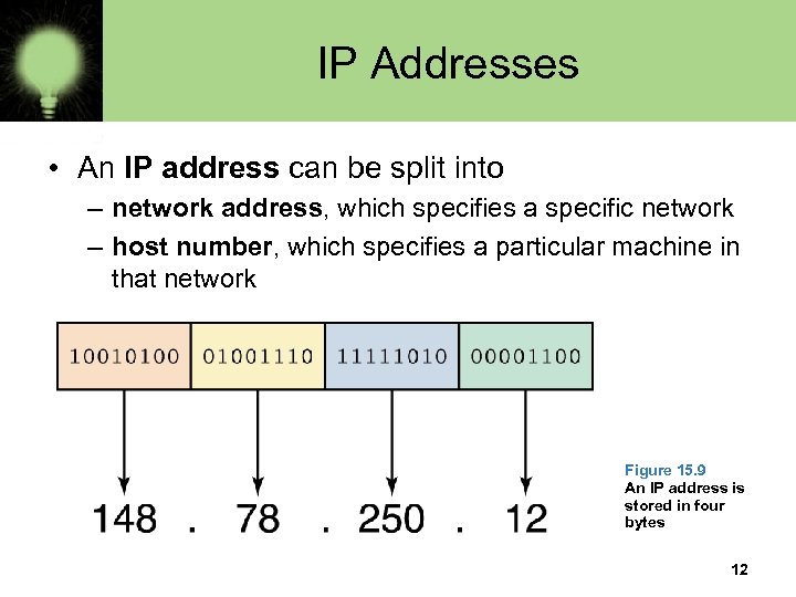 IP Addresses • An IP address can be split into – network address, which