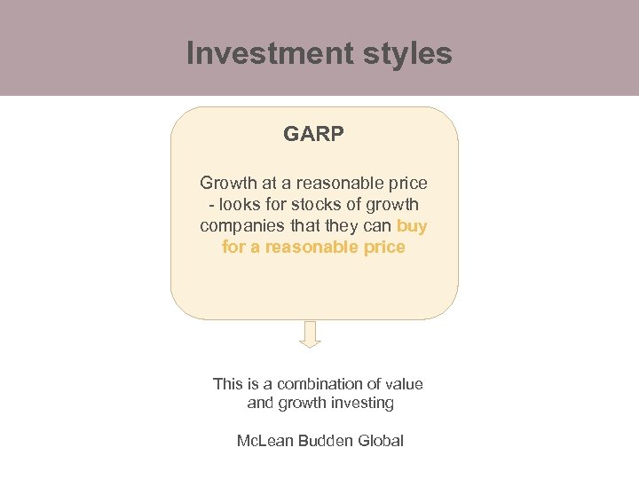 Investment styles GARP Growth at a reasonable price - looks for stocks of growth