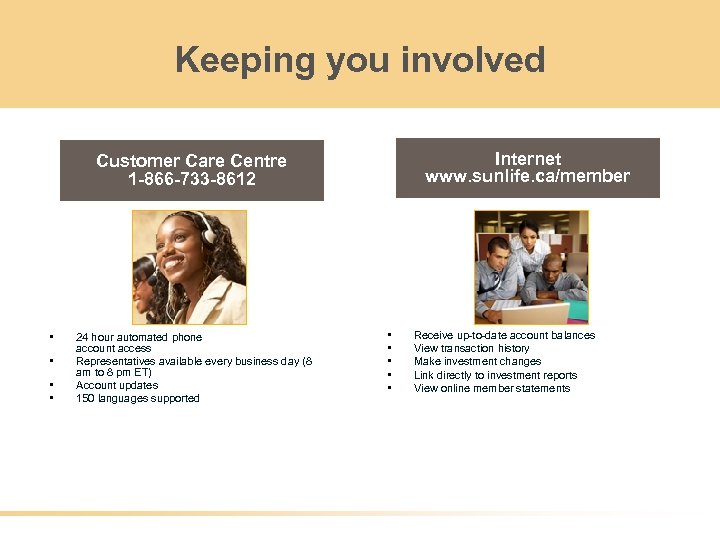 Keeping you involved Internet www. sunlife. ca/member Customer Care Centre 1 -866 -733 -8612