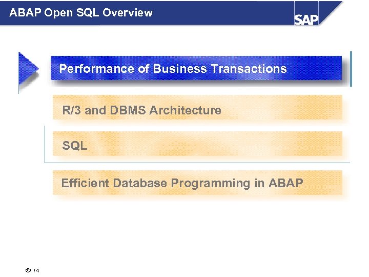ABAP Open SQL Overview Performance of Business Transactions R/3 and DBMS Architecture SQL Efficient