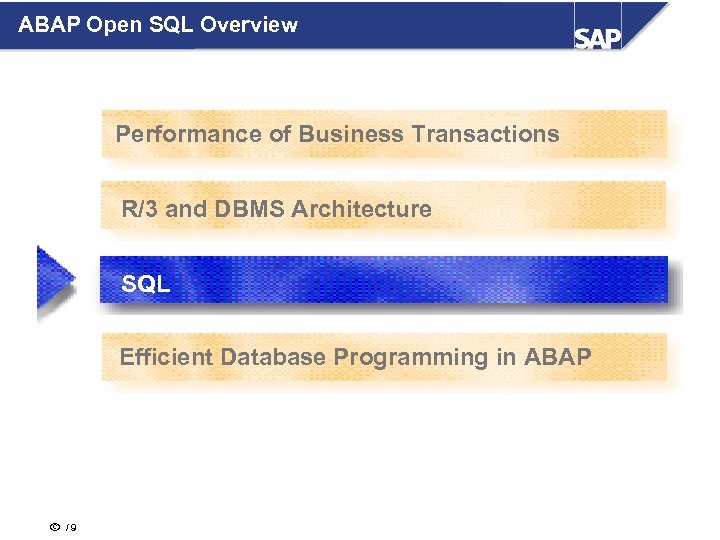 ABAP Open SQL Overview Performance of Business Transactions R/3 and DBMS Architecture SQL Efficient