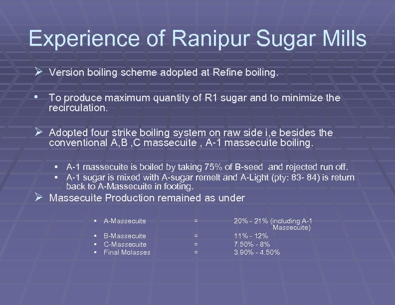 Experience of Ranipur Sugar Mills Ø Version boiling scheme adopted at Refine boiling. •