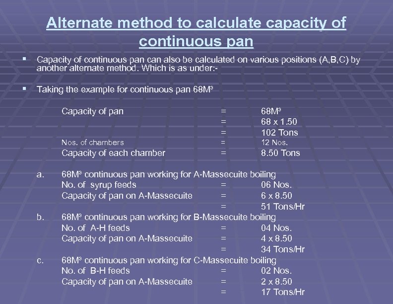 Alternate method to calculate capacity of continuous pan § Capacity of continuous pan can