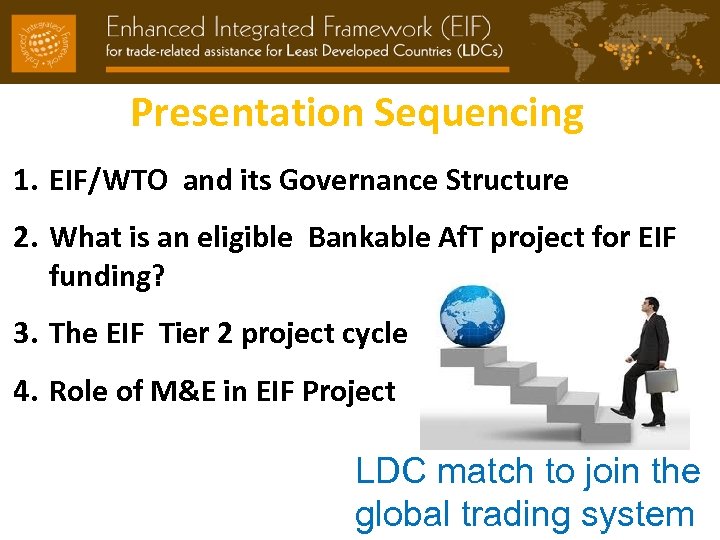 Presentation Sequencing 1. EIF/WTO and its Governance Structure 2. What is an eligible Bankable