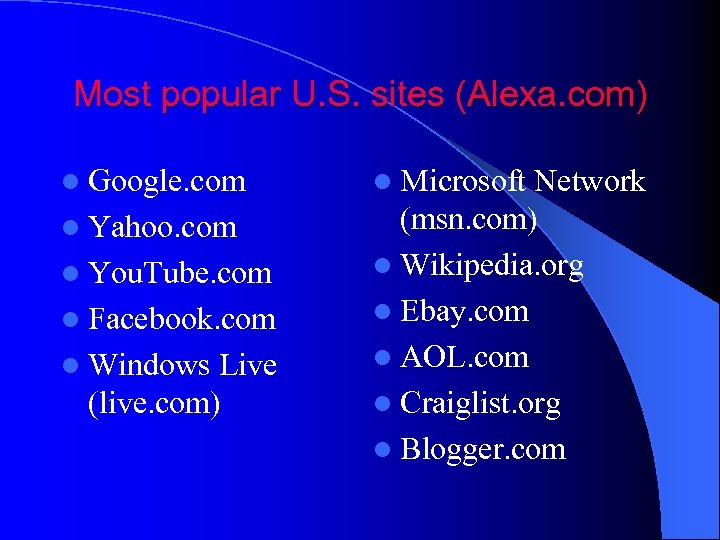 Most popular U. S. sites (Alexa. com) l Google. com l Yahoo. com l