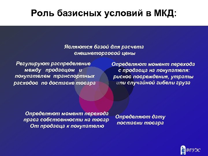 Роль базисных условий в МКД: Являются базой для расчета внешнеторговой цены Регулируют распределение между
