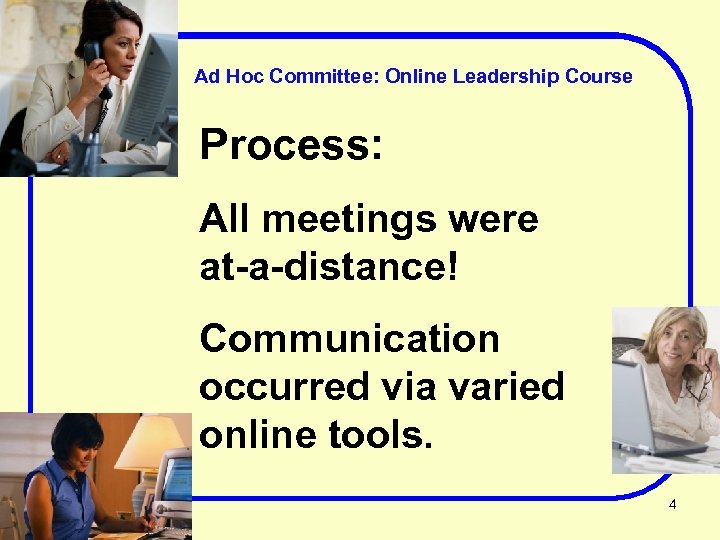 Ad Hoc Committee: Online Leadership Course Process: All meetings were at-a-distance! Communication occurred via