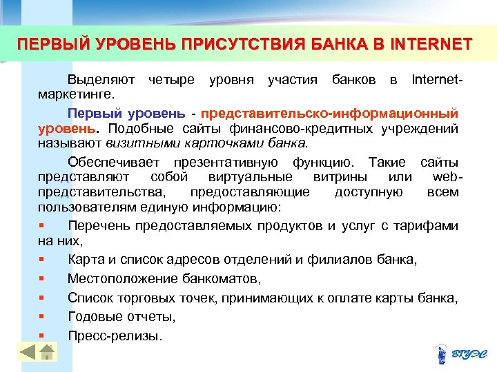 ПЕРВЫЙ УРОВЕНЬ ПРИСУТСТВИЯ БАНКА В INTERNET 28 Выделяют четыре уровня участия банков в Internetмаркетинге.