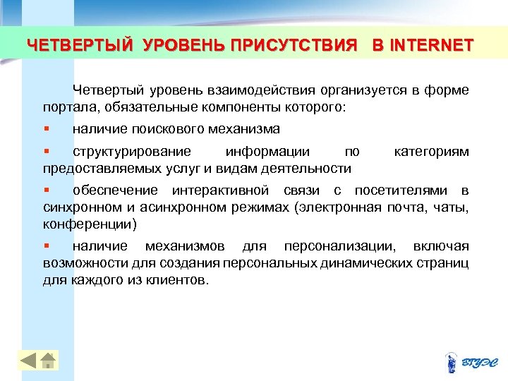 ЧЕТВЕРТЫЙ УРОВЕНЬ ПРИСУТСТВИЯ В INTERNET Четвертый уровень взаимодействия организуется в форме портала, обязательные компоненты