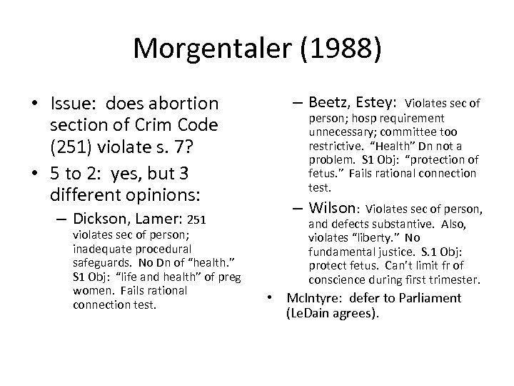 Morgentaler (1988) • Issue: does abortion section of Crim Code (251) violate s. 7?