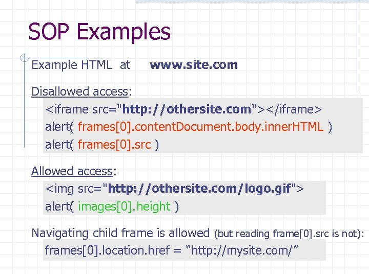 SOP Examples Example HTML at www. site. com Disallowed access: <iframe src="http: //othersite. com"></iframe>