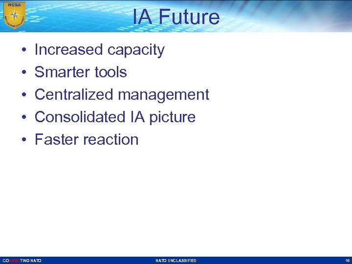 IA Future • • • Increased capacity Smarter tools Centralized management Consolidated IA picture