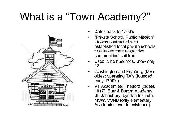 What is a “Town Academy? ” • • • Dates back to 1700’s “Private