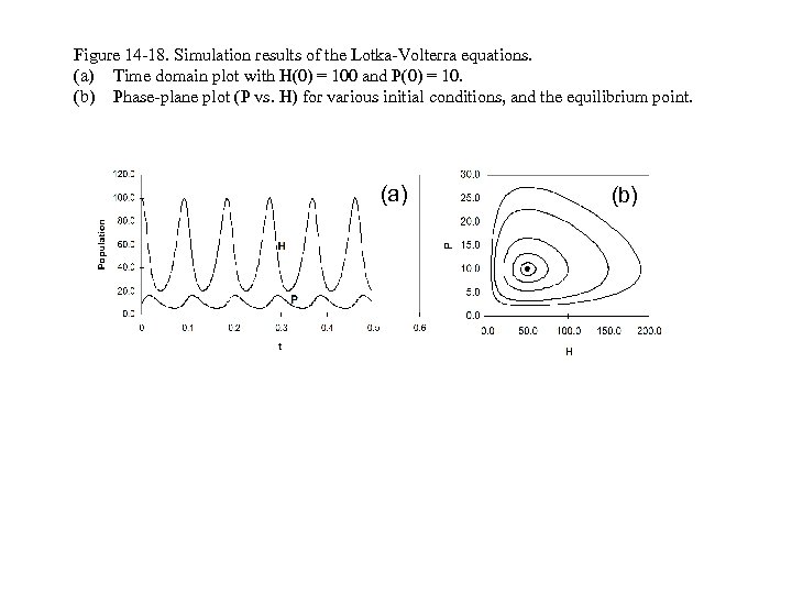 Figure 14 -18. Simulation results of the Lotka-Volterra equations. (a) Time domain plot with