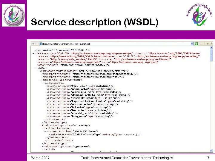 Service description (WSDL) March 2007 Tunis International Centre for Environmental Technologies 7 