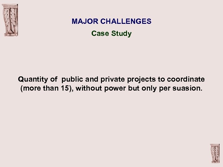 MAJOR CHALLENGES Case Study Quantity of public and private projects to coordinate (more than