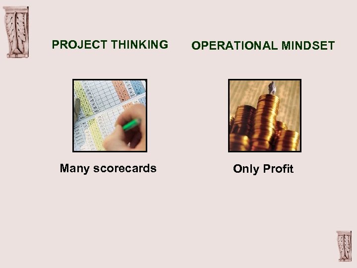 PROJECT THINKING OPERATIONAL MINDSET Many scorecards Only Profit 