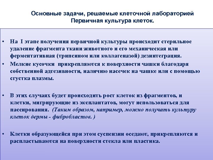 Основные задачи, решаемые клеточной лабораторией Первичная культура клеток. • На I этапе получения первичной