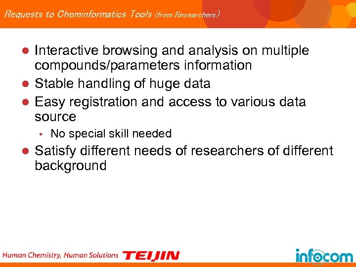 Requests to Cheminformatics Tools (from Researchers) Interactive browsing and analysis on multiple compounds/parameters information