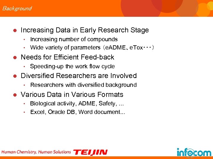 Background l Increasing Data in Early Research Stage Increasing number of compounds • Wide