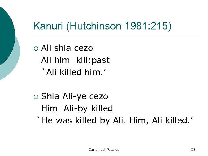 Kanuri (Hutchinson 1981: 215) ¡ Ali shia cezo Ali him kill: past `Ali killed