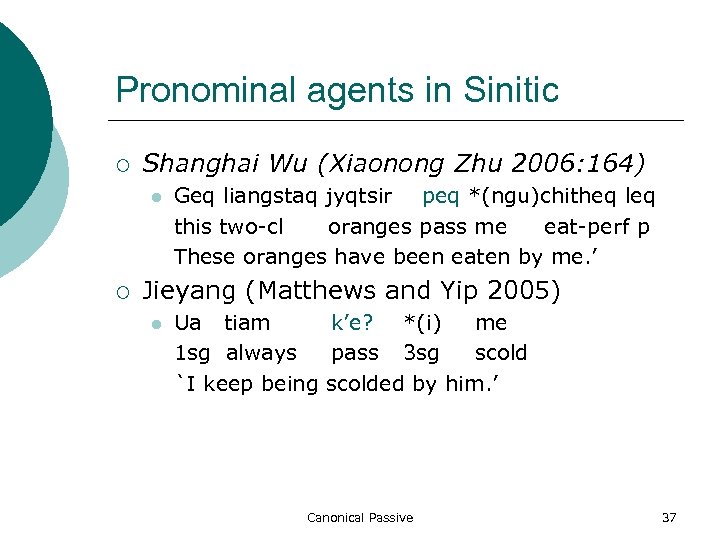 Pronominal agents in Sinitic ¡ Shanghai Wu (Xiaonong Zhu 2006: 164) l ¡ Geq