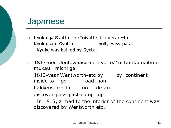 Japanese ¡ ¡ Kyoko ga Syotta ni/*niyotte izime-rare-ta Kyoko subj Syotta bully-pass-past `Kyoko was
