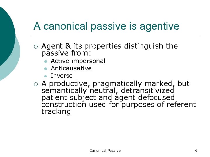 A canonical passive is agentive ¡ Agent & its properties distinguish the passive from: