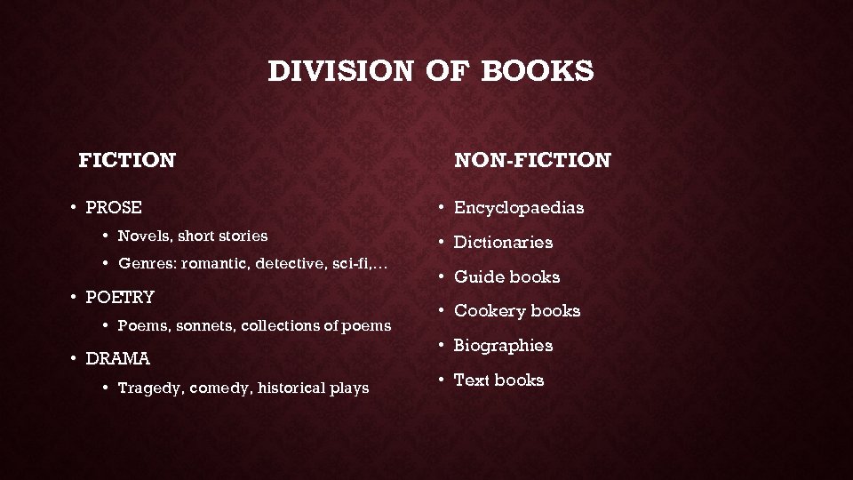 DIVISION OF BOOKS FICTION • PROSE • Novels, short stories • Genres: romantic, detective,