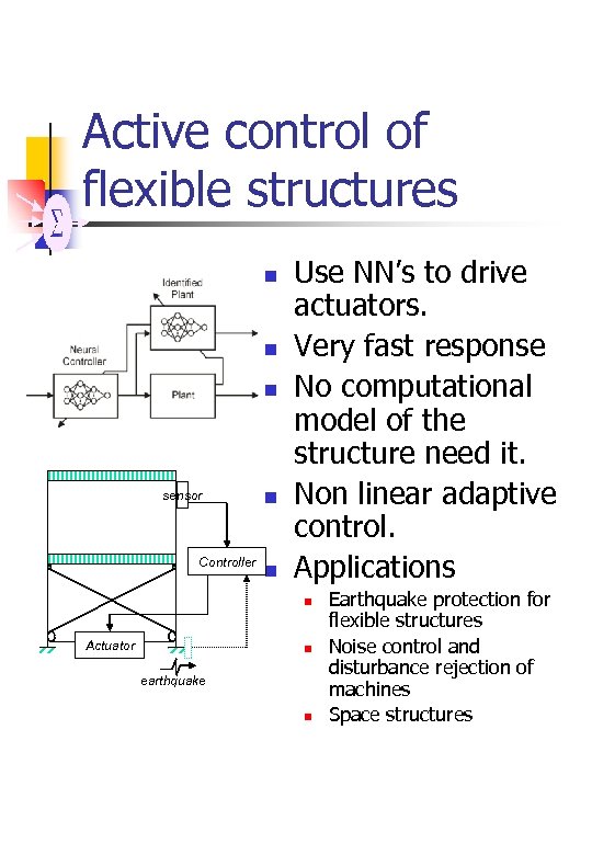 Active control of flexible structures n n n sensor Controller n n Use NN’s