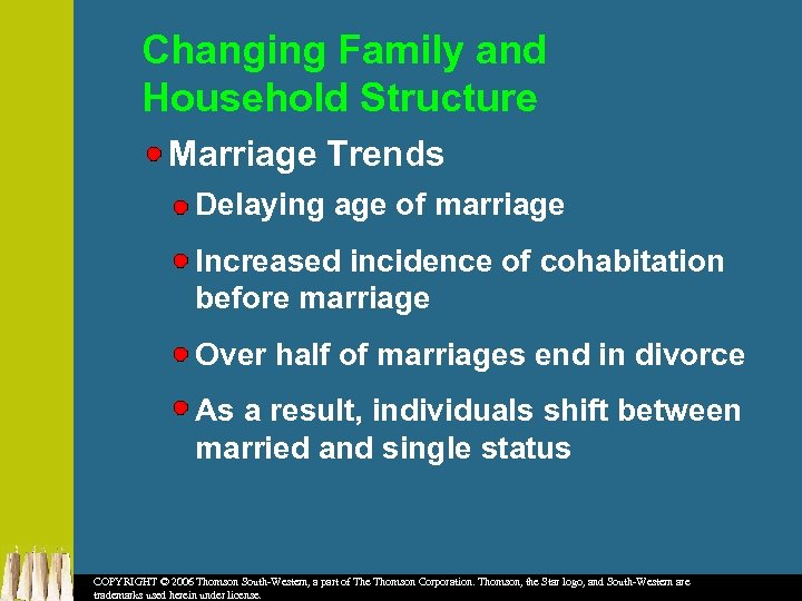 Changing Family and Household Structure Marriage Trends Delaying age of marriage Increased incidence of