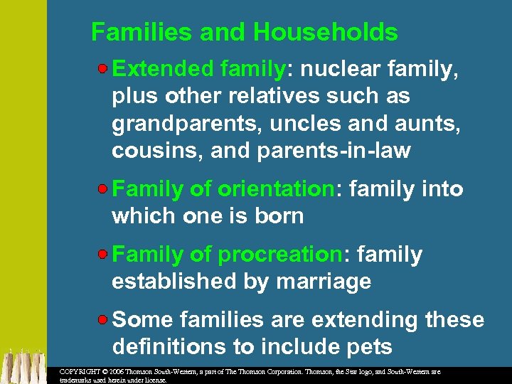 Families and Households Extended family: nuclear family, plus other relatives such as grandparents, uncles